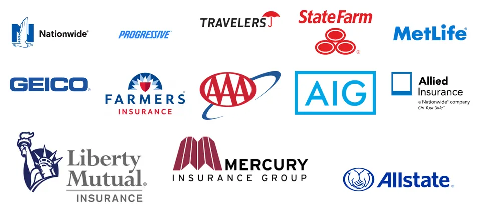 Logos of insurance companies including Nationwide, Progressive, Travelers, State Farm, MetLife, GEICO, Farmers, AAA, AIG, Allied, Liberty Mutual, Mercury and Allstate