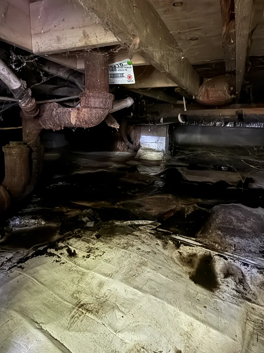 Standing water in a crawl space next to a cast iron drain pipe